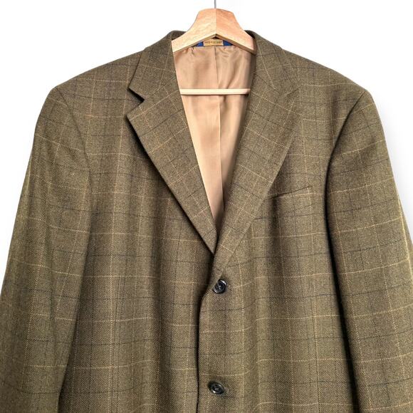 T. Harris London 100% Lambswool Brown Plaid Three Button Blazer Men's Size 44L - Picture 3 of 13